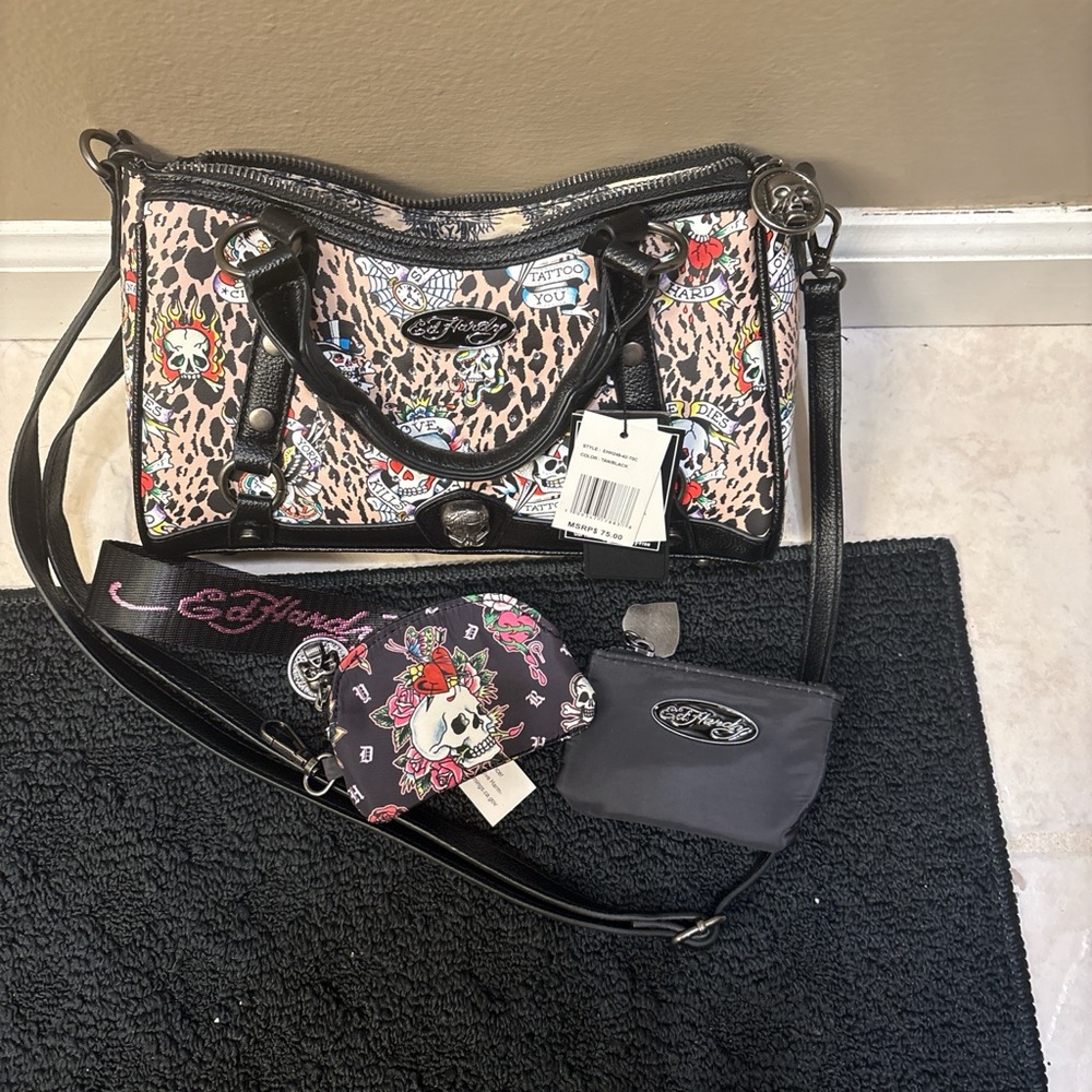 Ed Hardy Leopard Skull Print Satchel in Pink and Black